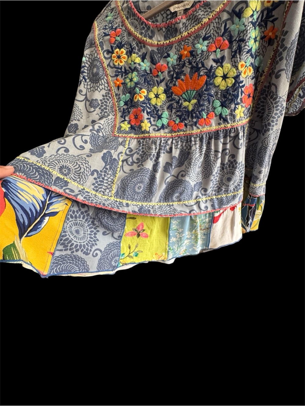 John Mark Blue Floral Patchwork Short Sleeve Top - Picture 3 of 6